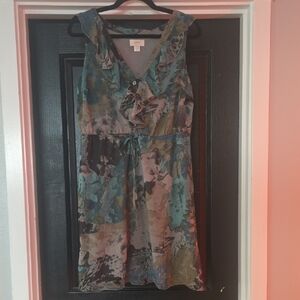 LOFT Abstract Floral Teal And Gray Button Front Sleeveless Dress Size Medium